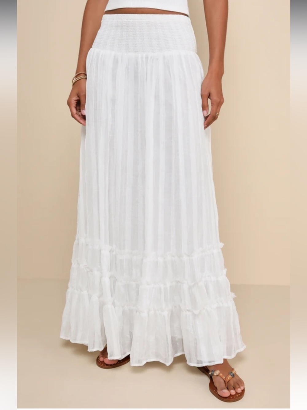 NWT Lulus Sunny Baby White Smocked Tiered High-Waisted Midi Skirt Size Small - Picture 2 of 13